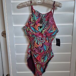 Ellen Tracy Red and Blue One Piece Swimsuit High-Neck Halter